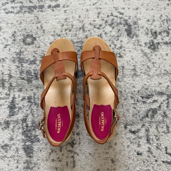 Swedish Hasbeens Leather Wood Heeled Sandals - Picture 2 of 10